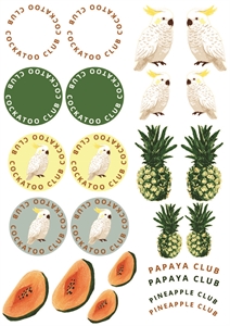 Picture of Small Cockatoos, Papaya, Pineapples for bag, keychains and garments - DTF A4 - for DIY